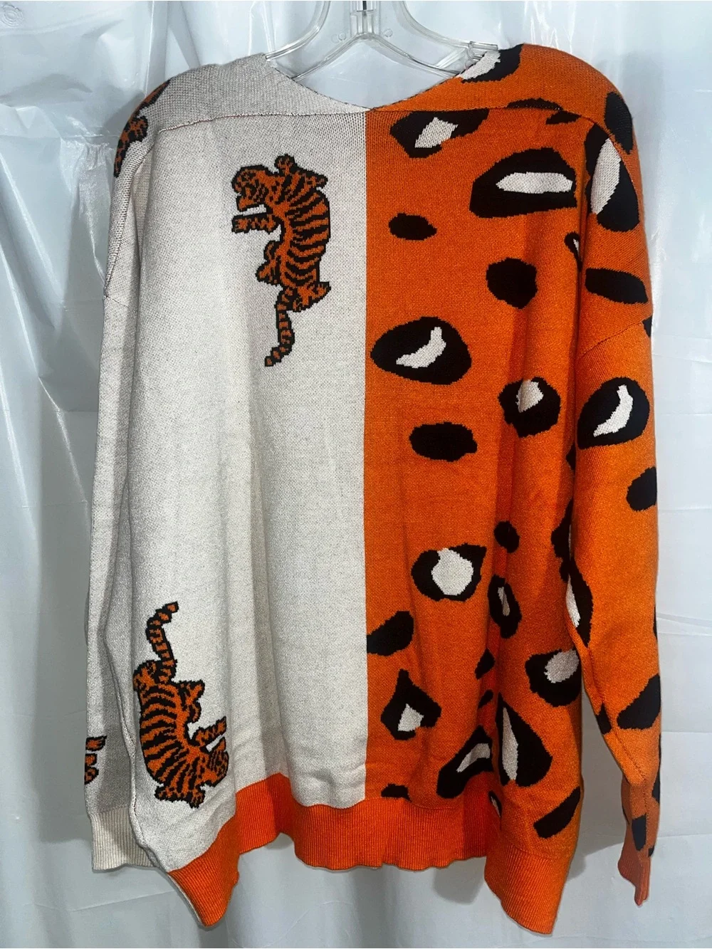 Orange and Cream Leopard-Tiger Button Down Cardigan Sweater - Women